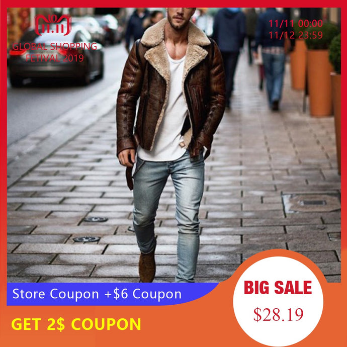 CYSINCOS Mens Leather Jackets Male Motorcycle Jacket PU Business Casual Thick Warm Fur Collar Winter Faux Biker Coats Windproof